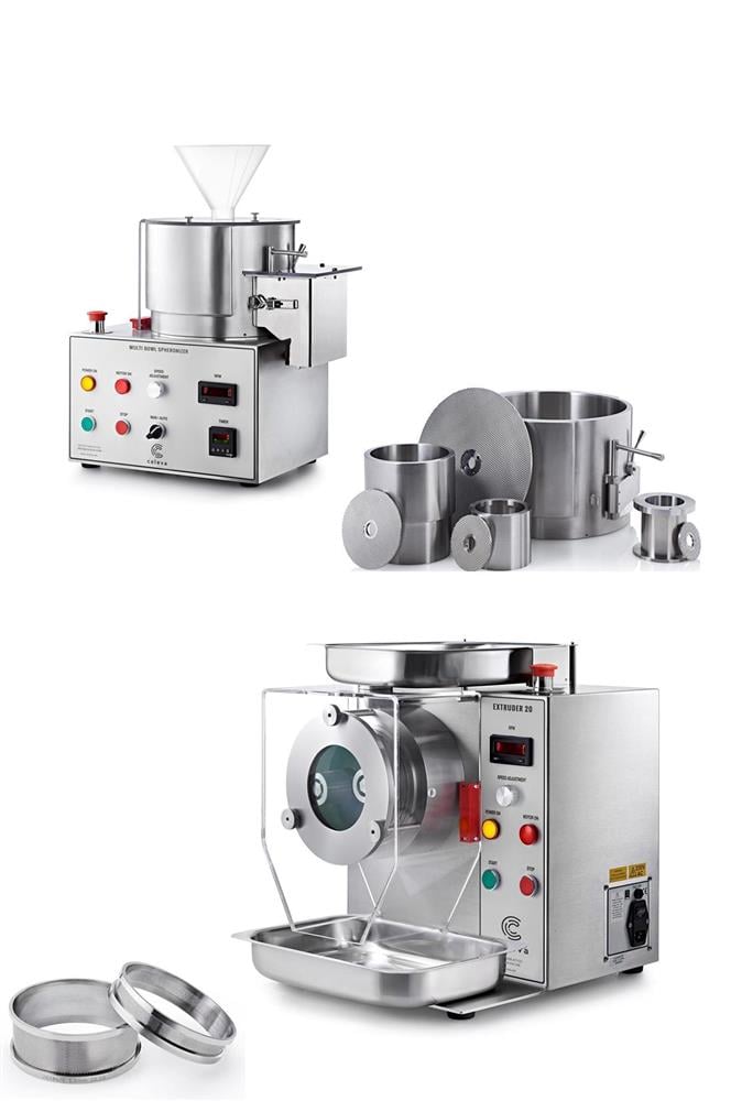 Caleva Multi-Bowl Spheronization Kit range of spheronizer bowl or drum sizes 250mm 120mm 85mm and 60mm