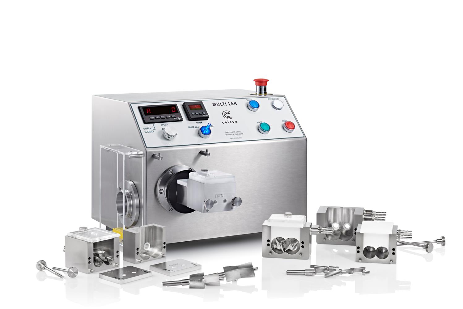 The Caleva mixer granulator blender with different mixing bowl sizes and blade configurations